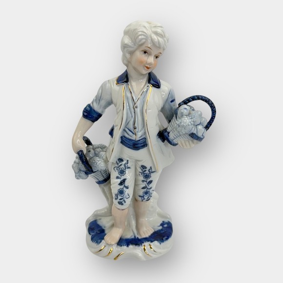 Vintage Blue White Porcelain Figurine Boy Carrying Two Fruit Baskets Gold Trim - Picture 1 of 15